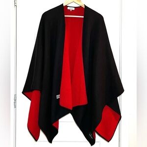 Calvin Klein Black Red Knit  Poncho Shawl Cape, Size OS Classic Minimalist Style